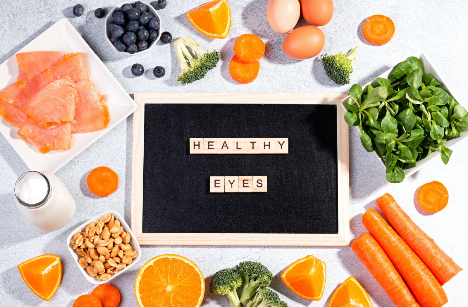 Assorted foods that help maintain eyes healthy, foods that are a good source of vitamins A, D, E, and Omega 3