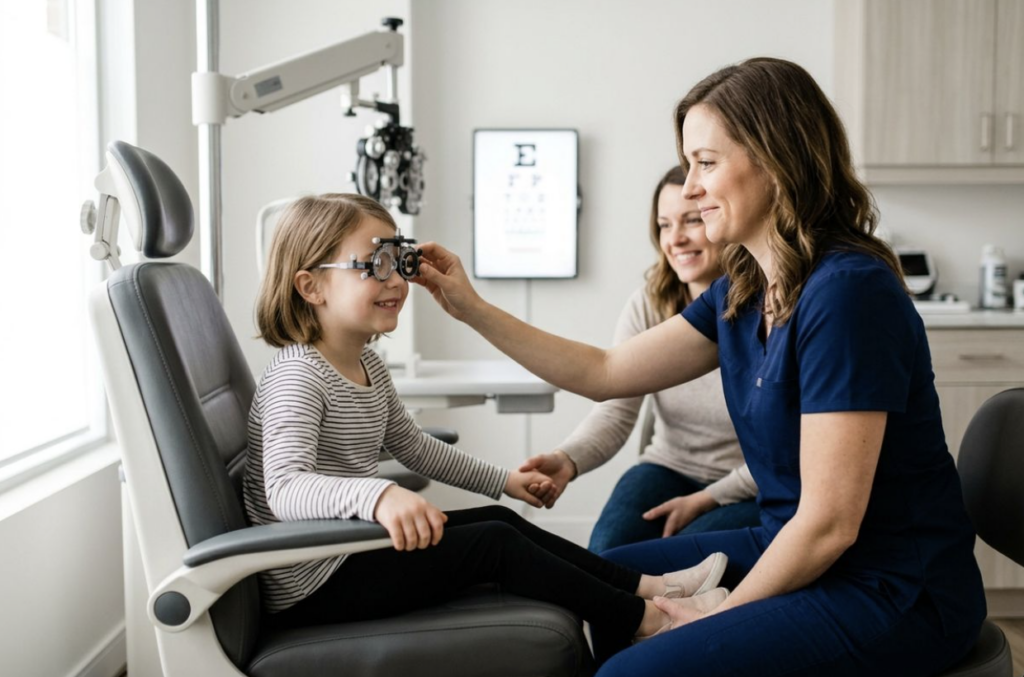 Optometrist fitting trial frames on a smiling child in an exam chair while an adult watches nearby.