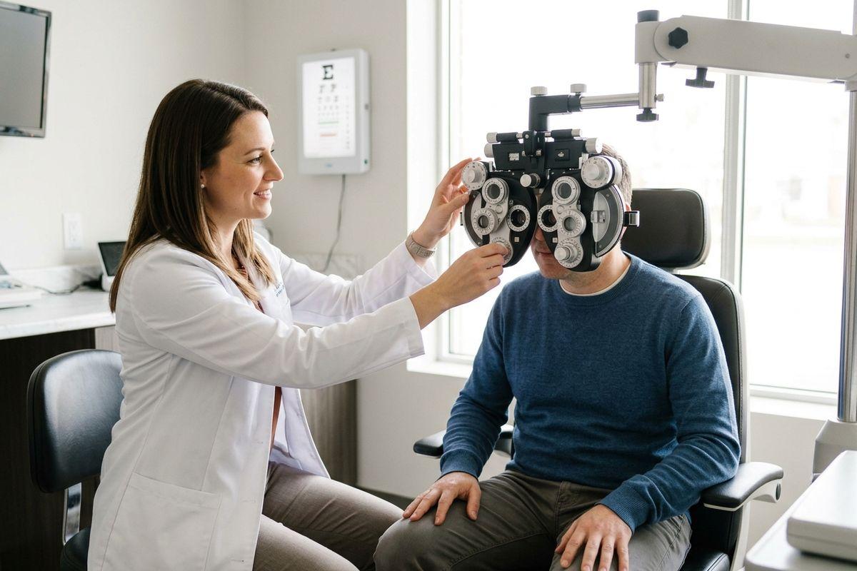 Optometrist adjusts a phoropter for a seated patient during an eye exam, with an eye chart on the wall.