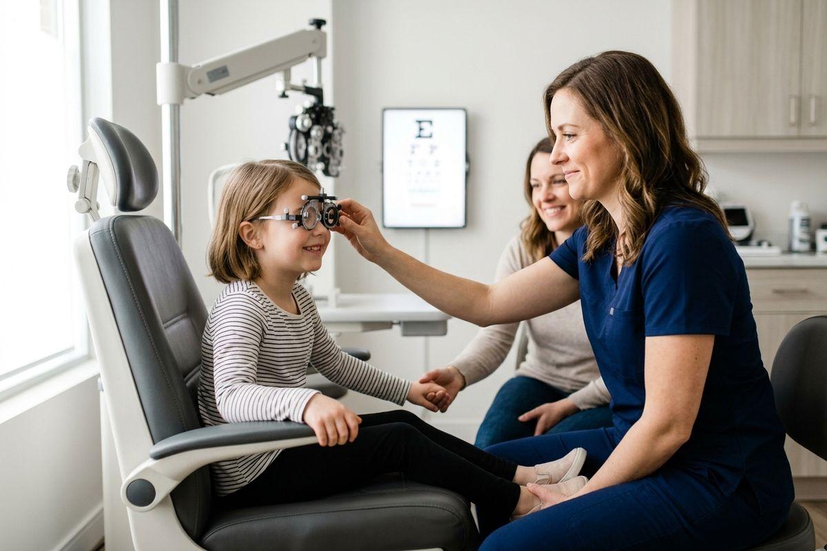 Optometrist fitting trial frames on a smiling child in an exam chair while an adult watches nearby.