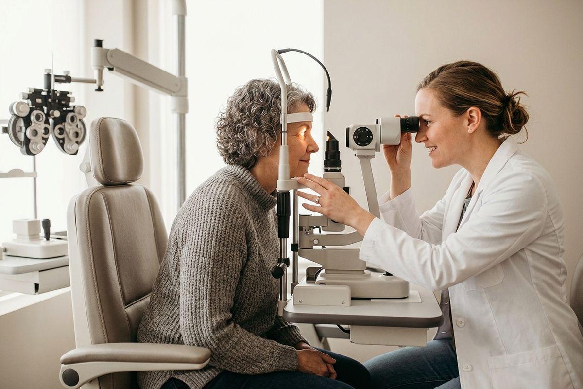 Optometrist examines a patient's eyes using a slit lamp in an exam room, both seated facing each other.