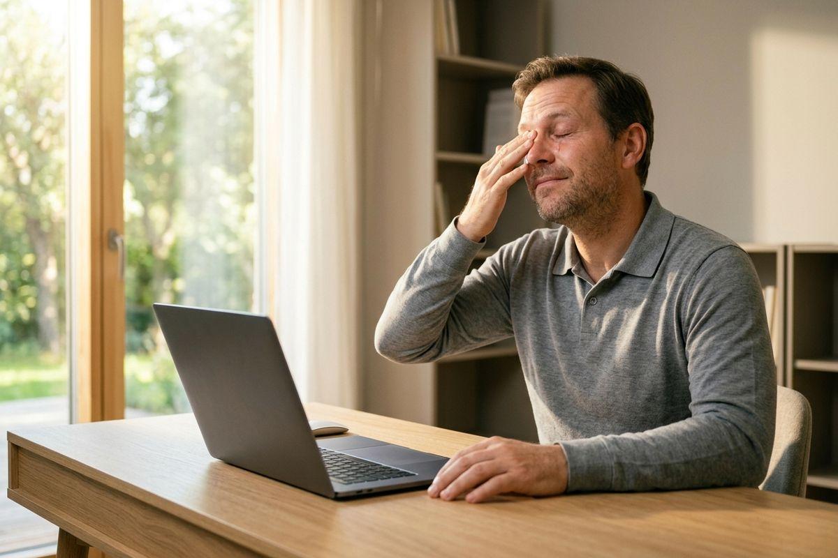 Person at a desk with a laptop, eyes closed, rubbing one eye, beside a sunlit window.