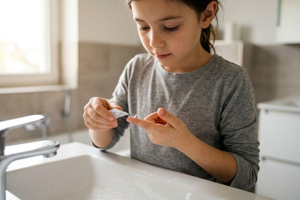 Child placing a contact lens on a fingertip at a bathroom sink, looking down focused.