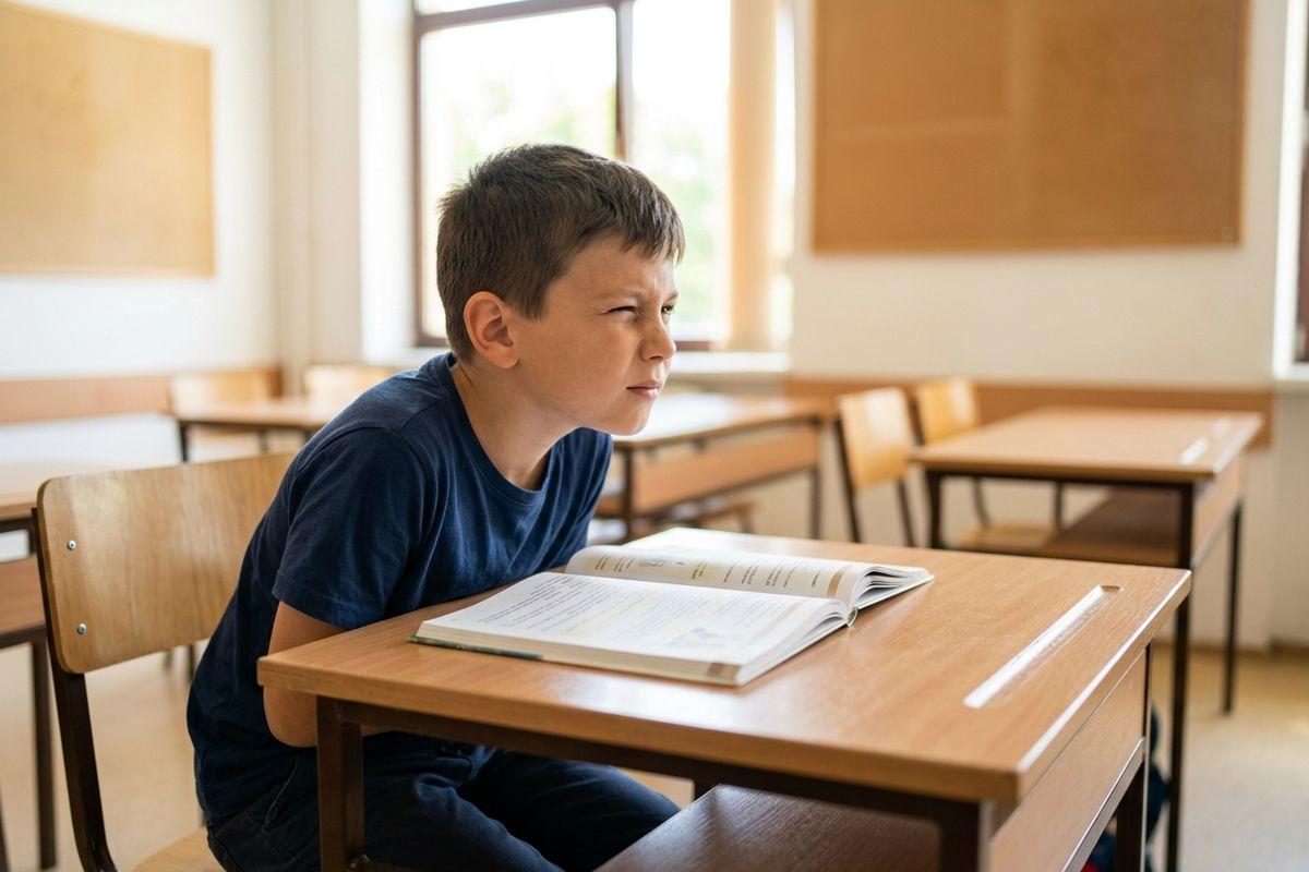 Child squinting at a desk with an open book in a classroom.